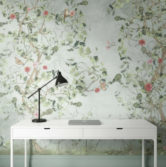 Vintage Botanical Bird Wall Mural - Peel and Stick or Traditional Wallpaper