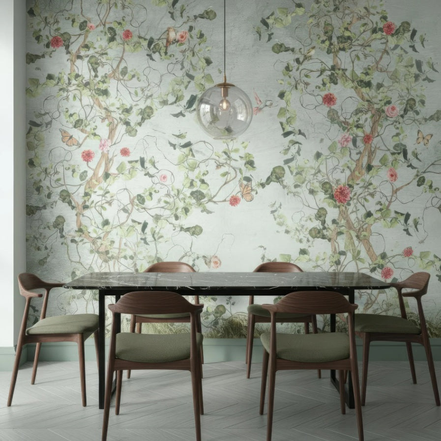 Vintage Botanical Bird Wall Mural - Peel and Stick or Traditional Wallpaper