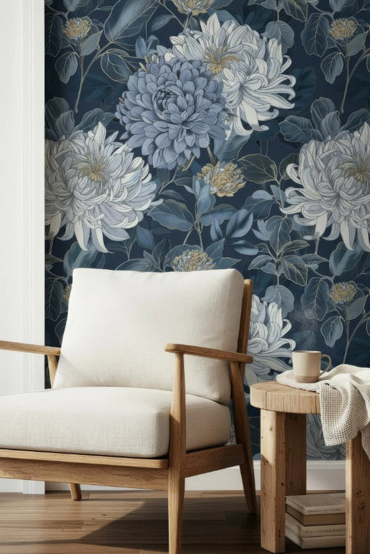 Elegant Blue Floral Chrysanthemum Peel and Stick Wallpaper Mural for Stylish Interiors