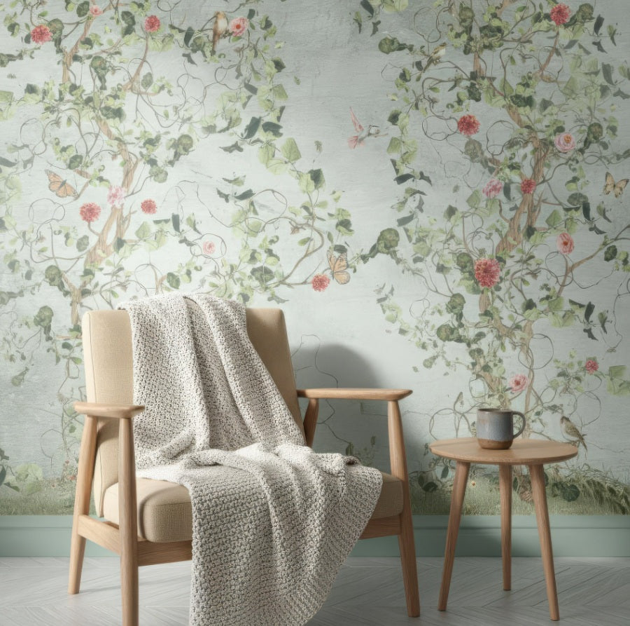 Vintage Botanical Bird Wall Mural - Peel and Stick or Traditional Wallpaper