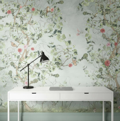 Vintage Botanical Bird Wall Mural - Peel and Stick or Traditional Wallpaper