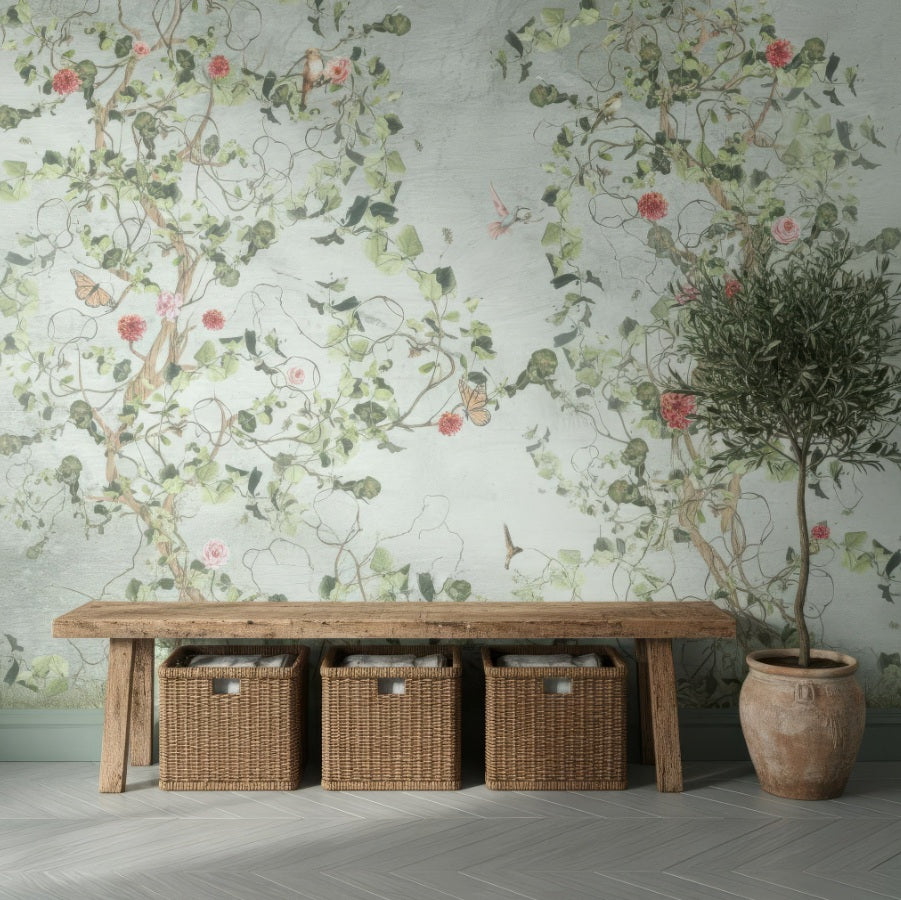 Vintage Botanical Bird Wall Mural - Peel and Stick or Traditional Wallpaper