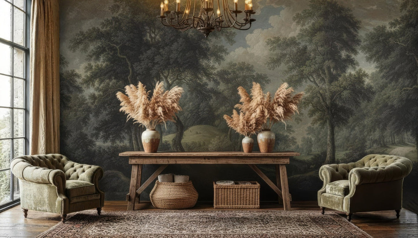 Vintage Botanical Trees Landscape Peel and Stick Wall Mural Wallpaper