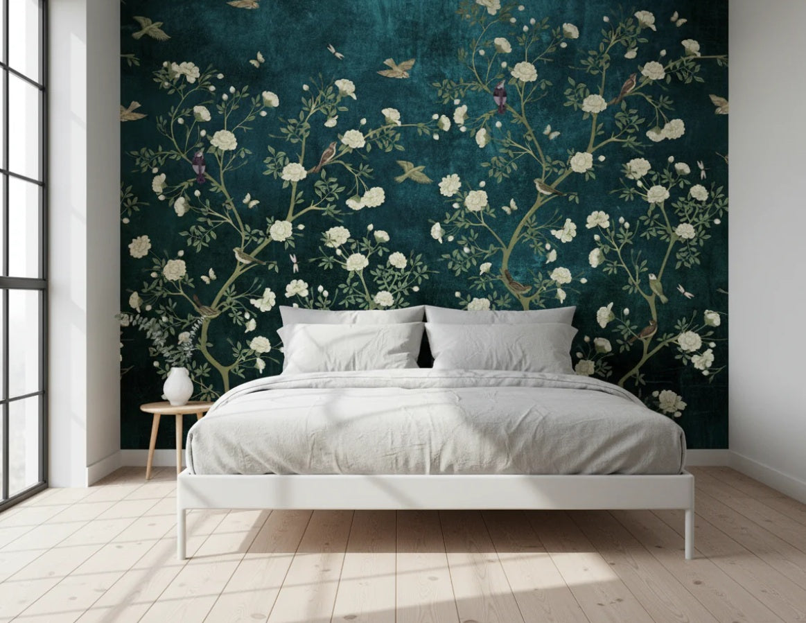 Elegant Blue Chinoiserie Cherry Blossom Bird Peel and Stick Wallpaper