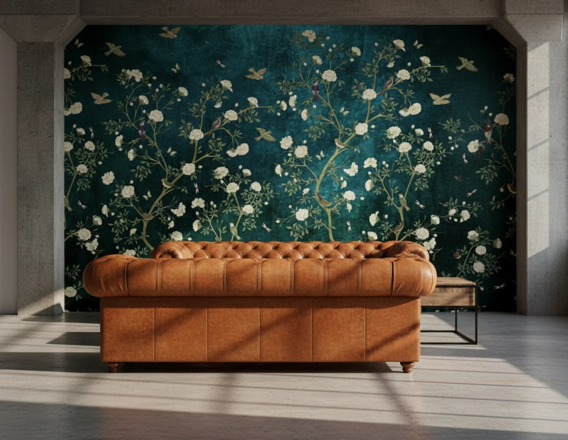 Elegant Blue Chinoiserie Cherry Blossom Bird Peel and Stick Wallpaper