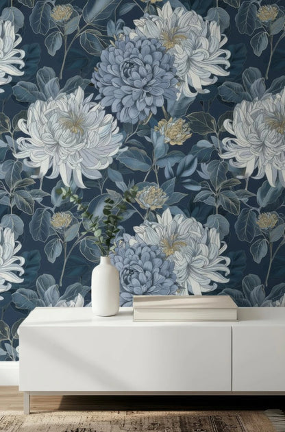 Elegant Blue Floral Chrysanthemum Peel and Stick Wallpaper Mural for Stylish Interiors