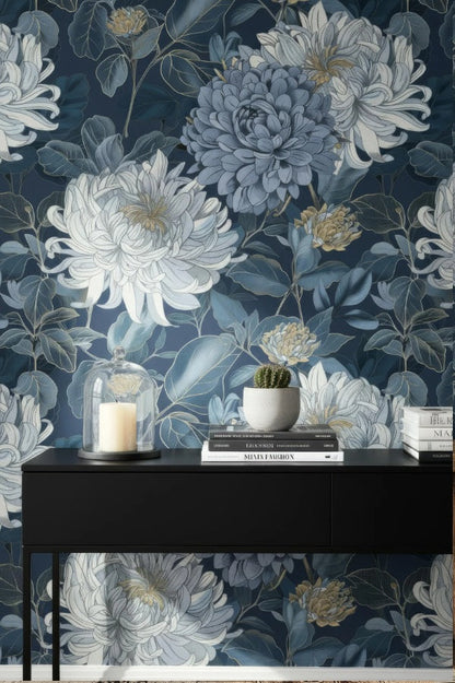Elegant Blue Floral Chrysanthemum Peel and Stick Wallpaper Mural for Stylish Interiors