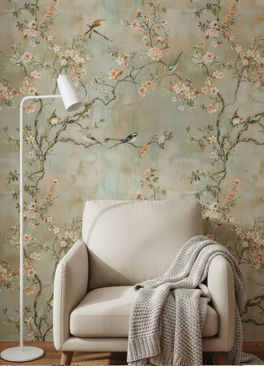 Elegant Chinoiserie Cherry Blossom Wall Mural with Birds & Flowers