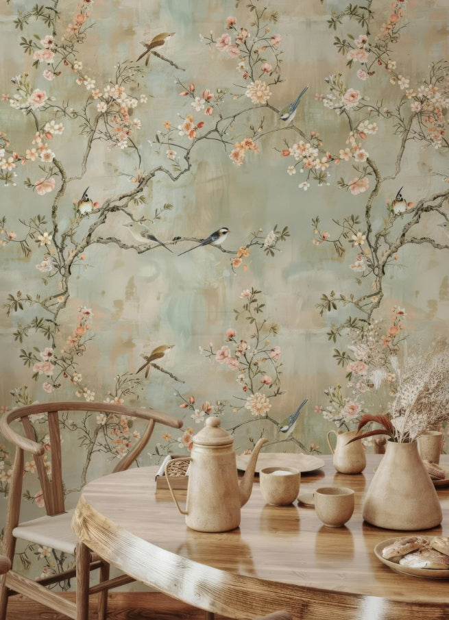 Elegant Chinoiserie Cherry Blossom Wall Mural with Birds & Flowers