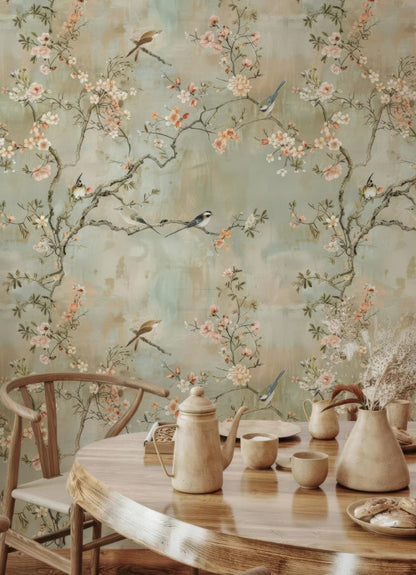 Elegant Chinoiserie Cherry Blossom Wall Mural with Birds & Flowers