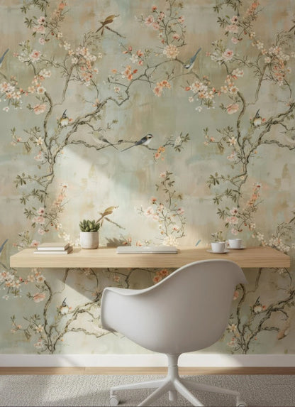 Elegant Chinoiserie Cherry Blossom Wall Mural with Birds & Flowers