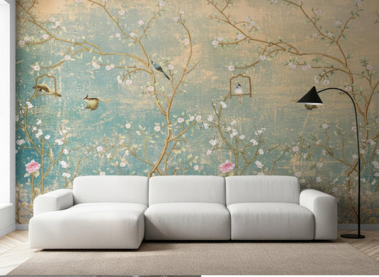 Elegant Chinoiserie Peel and Stick Wallpaper - Sakura Tree & Birds Vinyl Mural