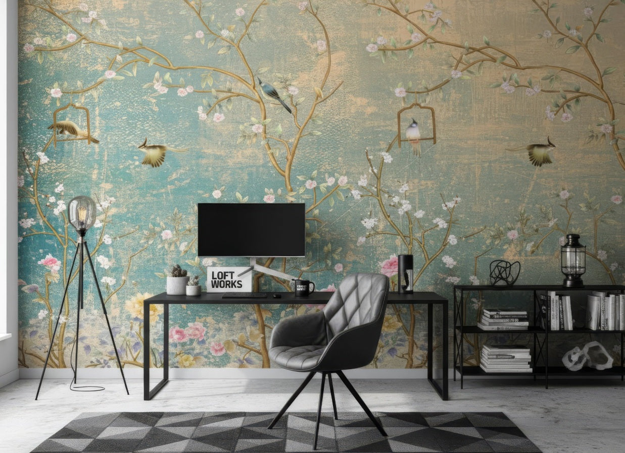 Elegant Chinoiserie Peel and Stick Wallpaper - Sakura Tree & Birds Vinyl Mural