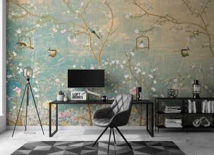 Elegant Chinoiserie Peel and Stick Wallpaper - Sakura Tree & Birds Vinyl Mural