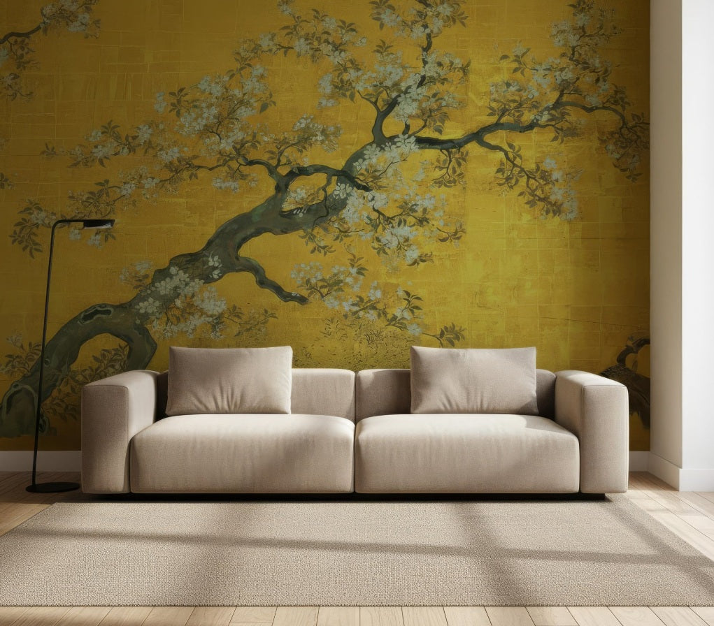 Elegant Gold Chinoiserie Peel and Stick Wallpaper - Vintage Floral & Bird Mural