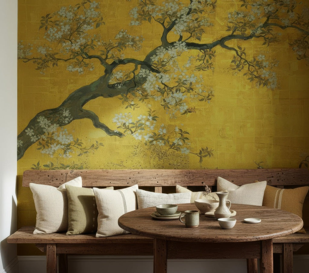 Elegant Gold Chinoiserie Peel and Stick Wallpaper - Vintage Floral & Bird Mural