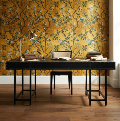 Elegant Golden Botanical Bird Wallpaper with Vintage Floral Design