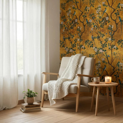 Elegant Golden Botanical Bird Wallpaper with Vintage Floral Design